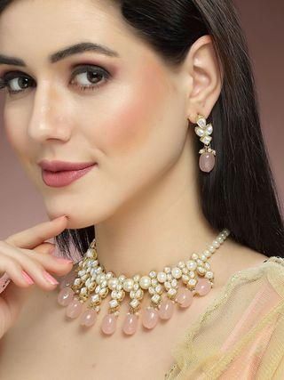 Karatcart Gold Plated Pink Tumble and Pearl Studded Kundan Necklace Set - Allthings