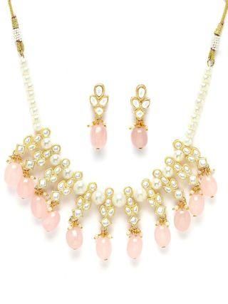 Karatcart Gold Plated Pink Tumble and Pearl Studded Kundan Necklace Set - Allthings