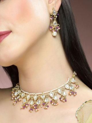 Karatcart Gold Plated Pink and Purple Crystal Kundan Necklace Set for Women - Allthings