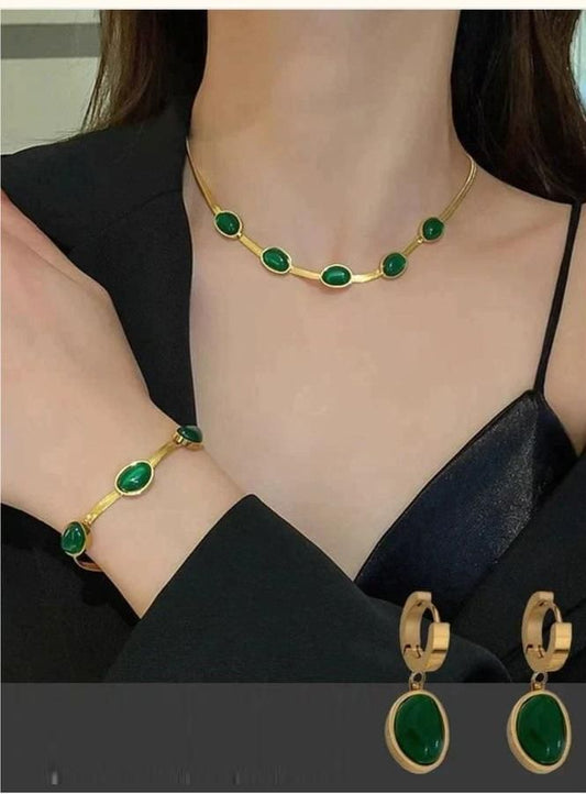 Oval Green Crystal Pendant Necklace Set With Bracelet - Allthings