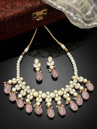 Karatcart Gold Plated Pink Tumble and Pearl Studded Kundan Necklace Set - Allthings