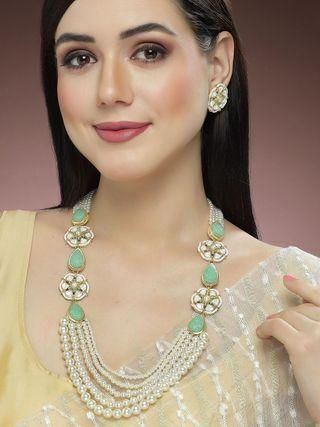 Karatcart Pearl Beaded Light Green Carved Stone Kundan Rani Haar Necklace Set for Women - Allthings