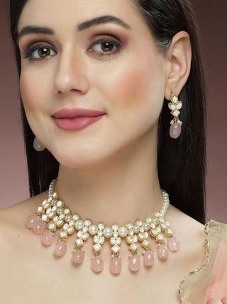 Karatcart Gold Plated Pink Tumble and Pearl Studded Kundan Necklace Set - Allthings